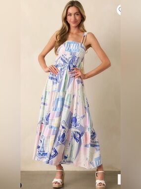NWT Prosperina/Saks 5th Ave. Travel Print Smocked Tiered Maxi Dress- M- MSRP$178